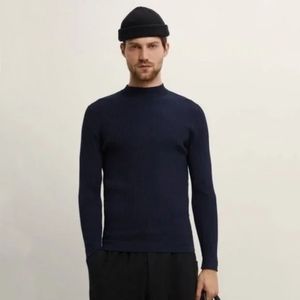 Zara Ribbed Knit Mock Neck Sweater in Navy